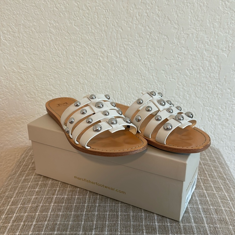 Marc Fisher Pava Sandals White Leather and Silver Stud